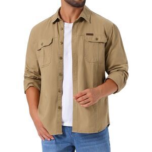 Casual Workwear Long Sleeve Pockets Fishing Hiking Work Shirts Khaki